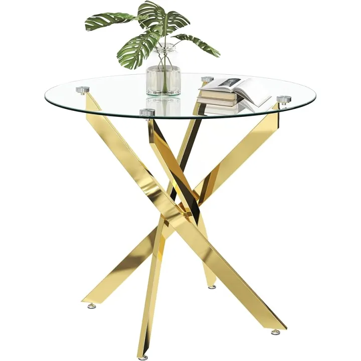 Round Tempered Glass Dining Table for 2-4 with Chromed Legs, 35.5 Inch Modern Small Kitchen Table Dining Room Table for Kitchen Dining Room (Gold)