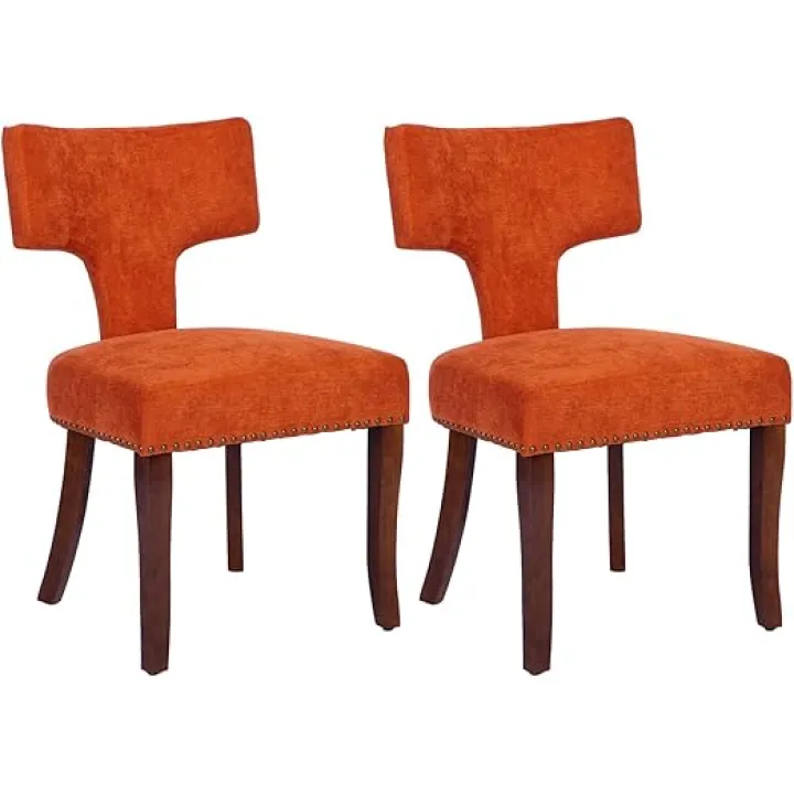 Modern Dining Chairs Set of 2, Linen Upholstered Kitchen Chairs with Curved Back and Copper Nails Around, Mid Century Farmhouse Dining Room Chairs Accent Side Chairs for Dining Room, Orange / Brown