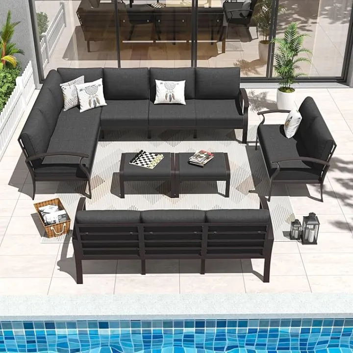 ALAULM Aluminum Patio Furniture Set L-Shaped Sofa Set 13-seat Metal Outdoor Furniture Patio Sectional Sofas Patio Conversation Set w/5.1" Cushions for Patio, Backyard, Poolside-Black
