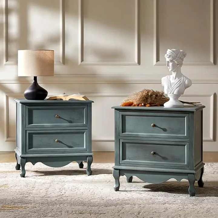 HULALA HOME Wood Nightstands Set of 2 with Charging Station Space, Bedside Tables 2 Drawer Dressers with Drawer and Wooden Legs, French Storages End Tables for Bedroom Living Room, Blue