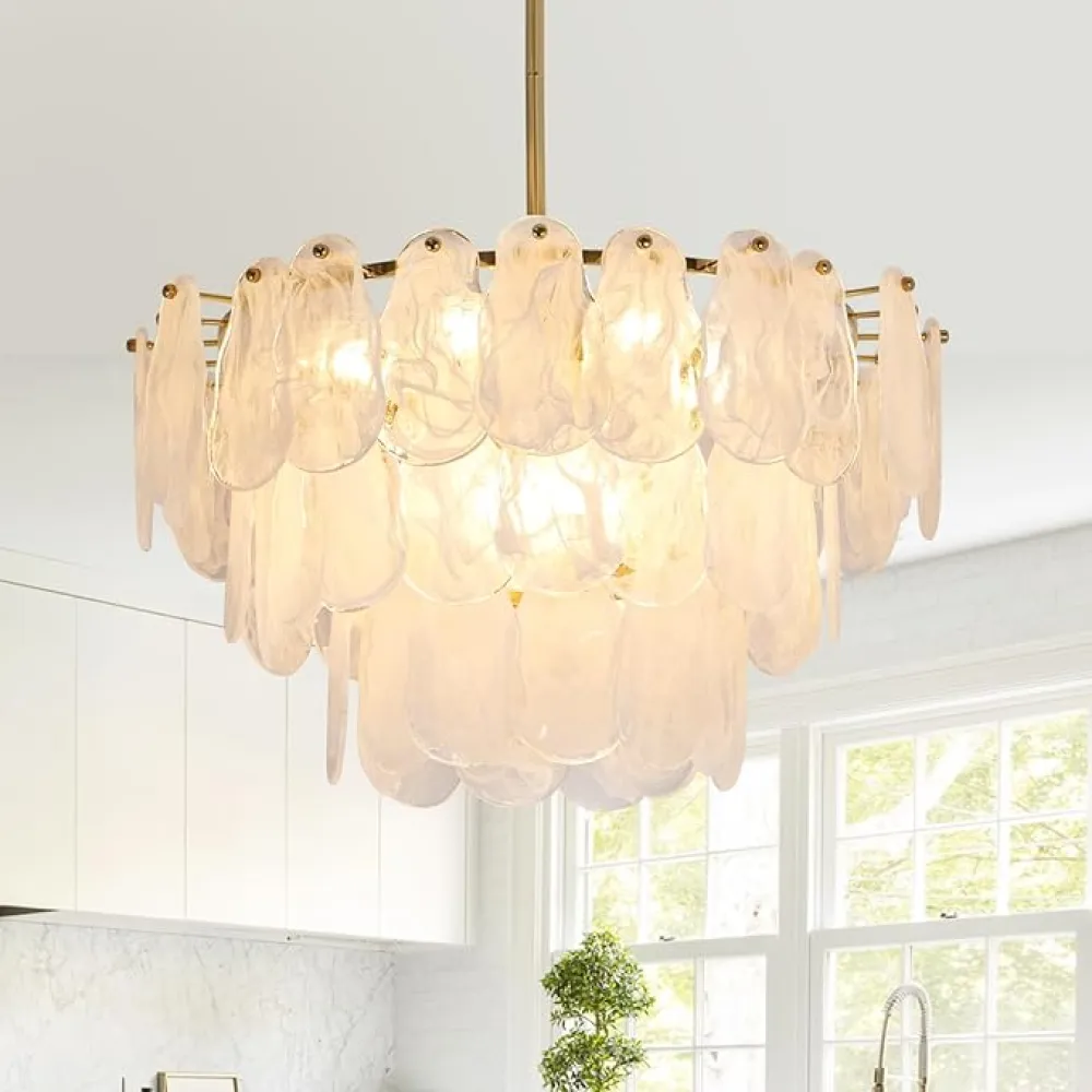 Modern Gold Glass Chandeliers, 23.6" Luxury Cloud Pendant Light Fixture, 3-Layer Round Ceiling Hanging Light Fixture for Bedroom Dining Room Kitchen Island Living Room Entryway Bar Farmhouse 9-Light