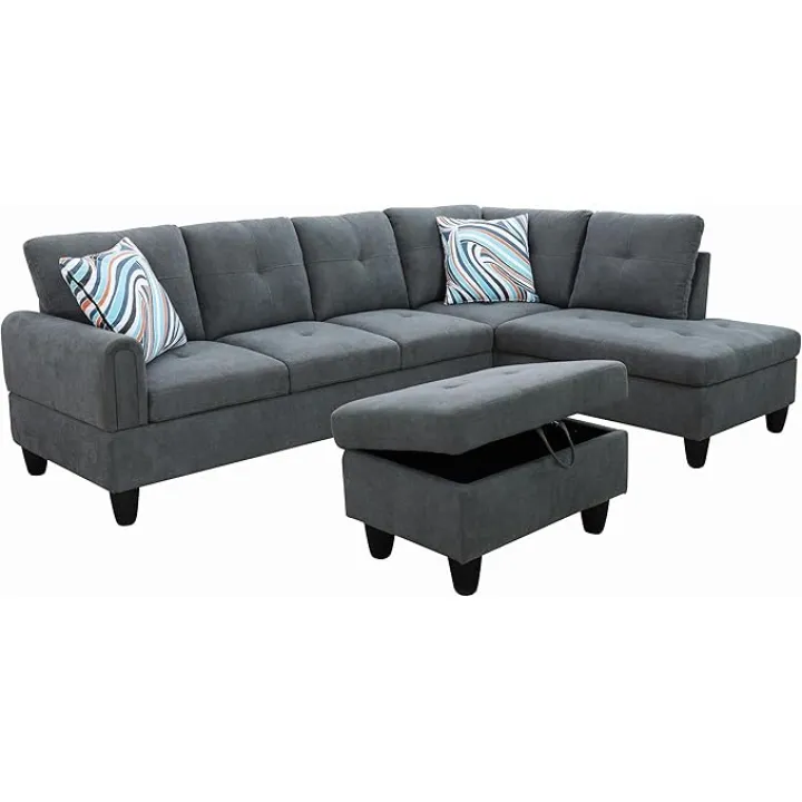 NicBex Sectional Couches 3 Pieces Modular Sofa with Storage Ottoman L Shape Couch with Right Chaise Modern Sectional Sofa with Flannel Fabric Sectional Couches for Living Room, Dark Grey