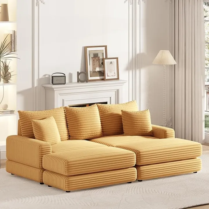 kevinplus 86.6'' Sectional Sofa Couch with 2 Moveable Ottoman for Living Room, Modern Contemporary 3-Seat Deep Seat Sofa Couch with Toss Pillows, Free Combination & Corduroy Fabric, Yellow