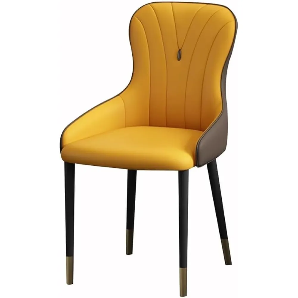 Kitchen dining chair modern nappa leather high back upholstered soft seat study lounge chair living room side chair(Yellow+coffee,Black gold legs)