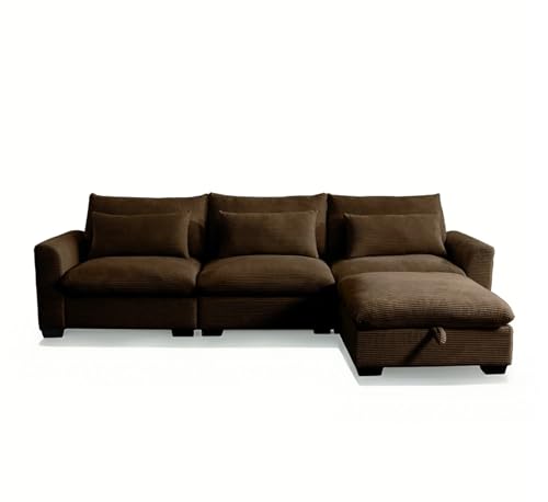 GoDoco Wide Body Modular Corduroy Sectional Sofa Set, U-Shape and L-Shape Deep Seating Couch with Storage Ottomans and Waist Pillows (Brown, 3-Seater + 1 * Ottoman)
