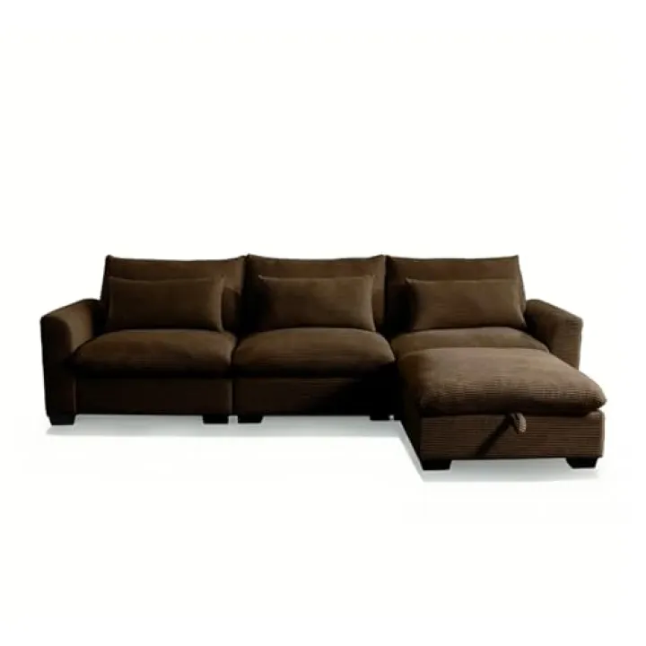 GoDoco Wide Body Modular Corduroy Sectional Sofa Set, U-Shape and L-Shape Deep Seating Couch with Storage Ottomans and Waist Pillows (Brown, 3-Seater + 1 * Ottoman)