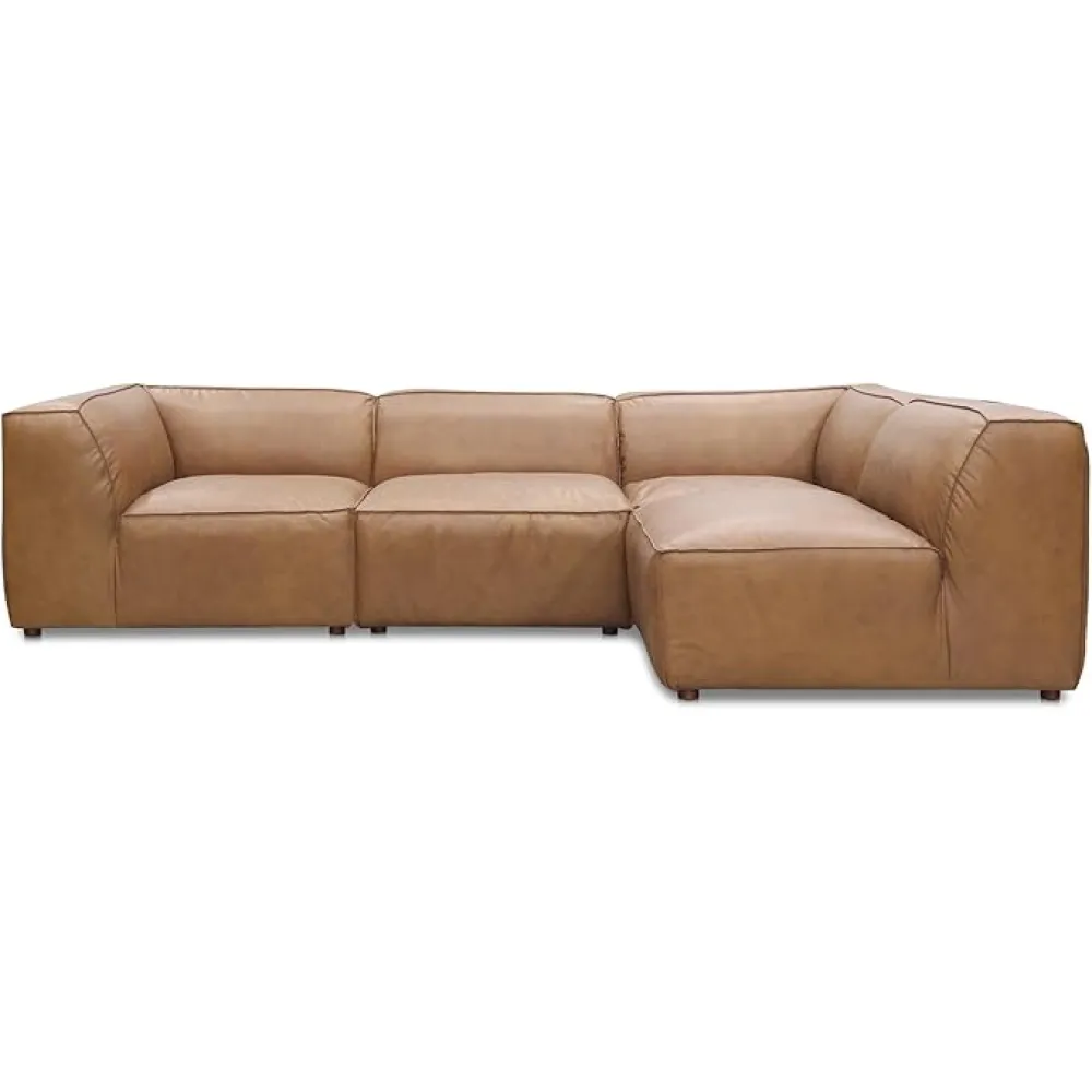 Ambrosia Signature, Scandinavian Modular Sectional, Full Top-Grain Leather Upholstery, 4 Seater, Tan