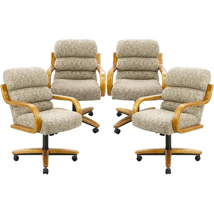 Chromcraft Set of 4 Caster Swivel Tilt Dinning Chairs, Ultra Comfy Kitchen Chairs Casual Wooden Cap with Metal Frame and Rolling Wheels for Kitchen Room (Noriko Earth-Chestnut)