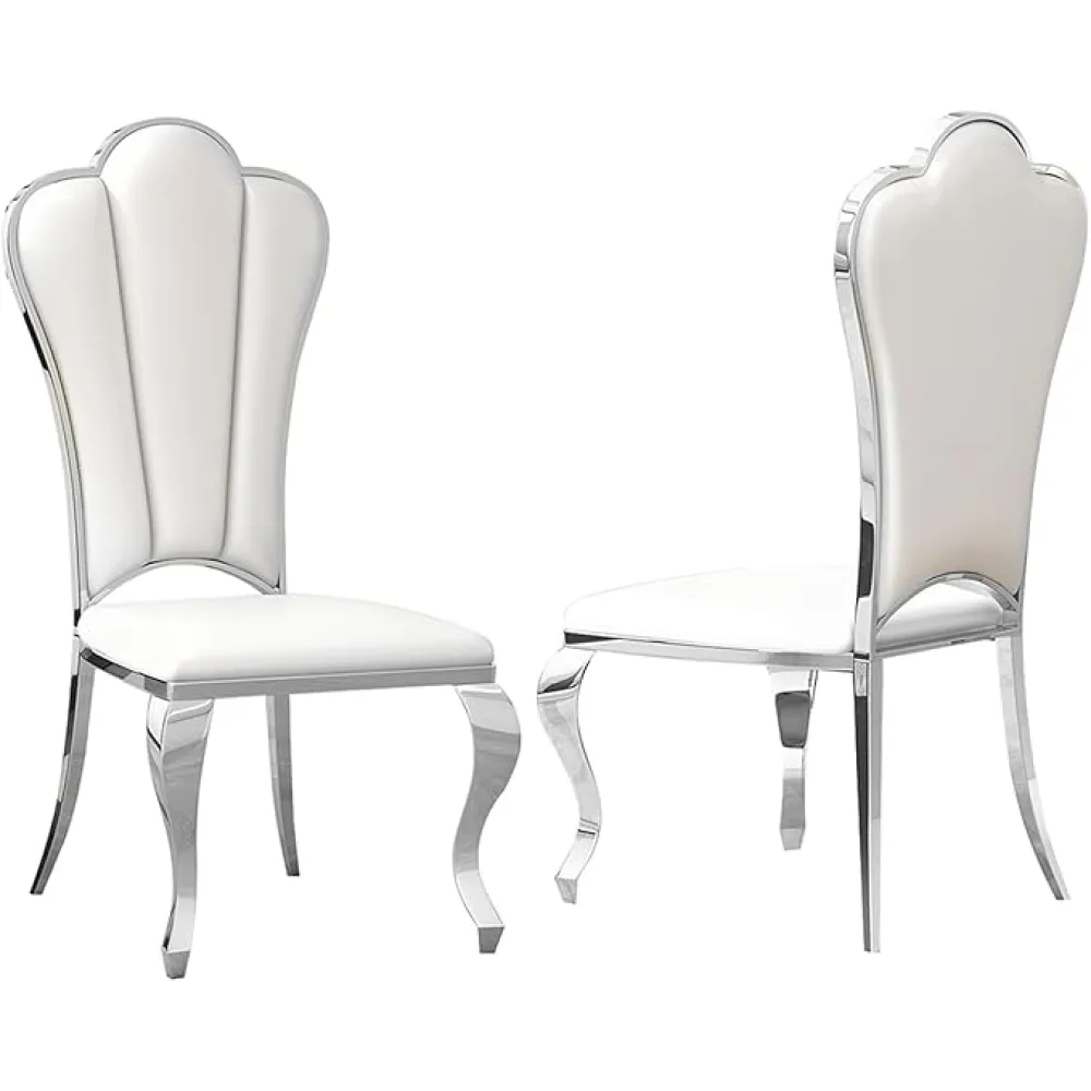 HomVent Leatherette Stainless Steel Dining Chairs Set of 2,Comfortable Upholstered Seat Kitchen Chair with Backrest &Stainless Steel Legs for Kitchen Dining Room (White &Silver, Set of 2)