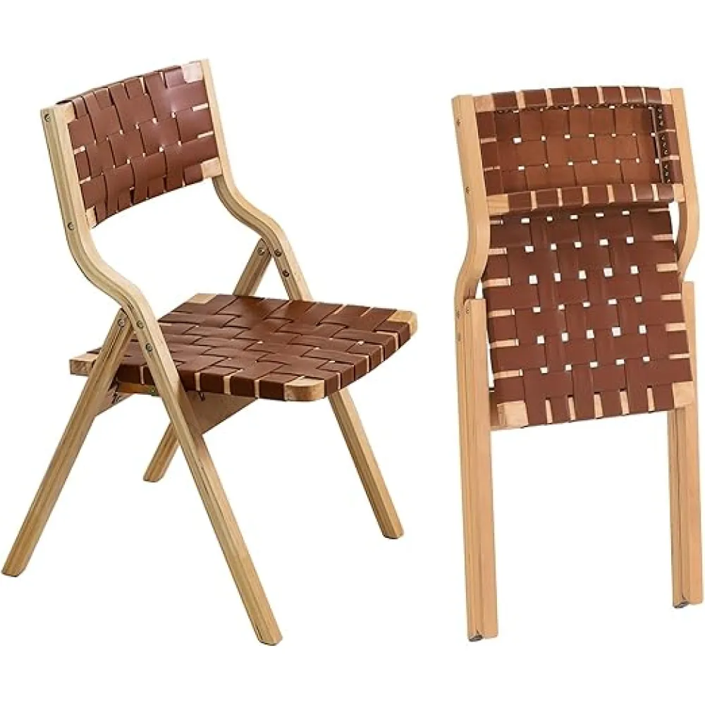 Solid Wood Folding Chairs, Foldable Chairs Wooden Leather Indoor Stackable Dining Chairs for Kitchen & Dining Room Chair Woven Seat & Webbing Back, Dining Chair Set of 2