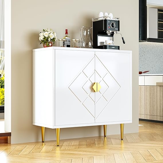Xilingol Modern Accent Cabinet with Storage, Storage Cabinet with 2 Doors, Sideboard Buffet with Diamond Pattern Double Door for Hallway, Entry, Living Room (White)