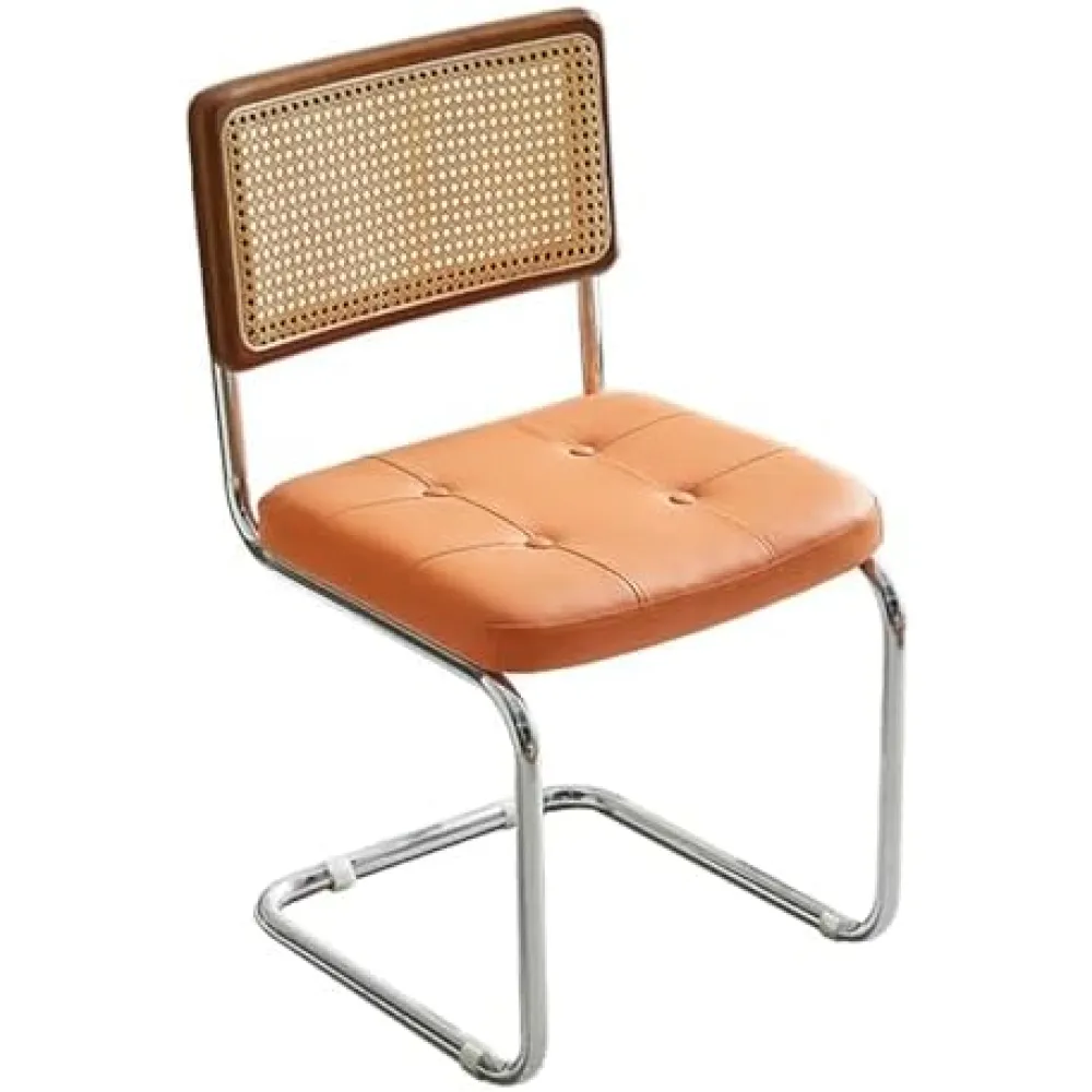 Meal Chairs Mid Century Modern Armless Dining Chairs with Rattan Backrest, PU Leather Dining Room Kitchen Side Chairs with Metal Legs and Upholstered Seat for Home, Living Room, Bedroom(Orange)