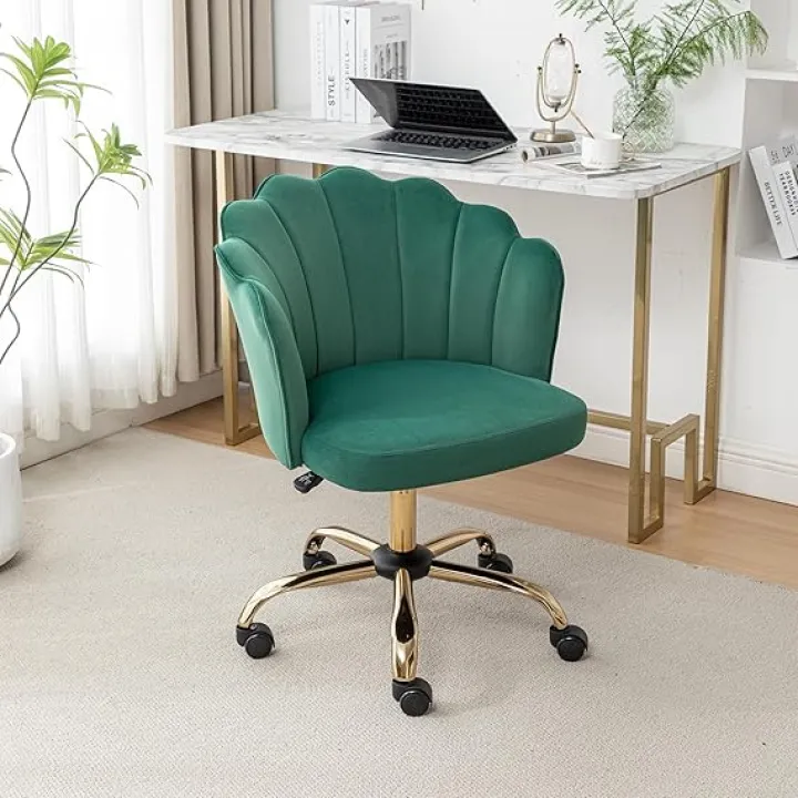 Swivel Office Chair, Modern Home Office Desk Chair, Velvet Shell Back Vanity Chair with Golden Metal Base, Height Adjustable Upholstered Cute Task Chair, Green