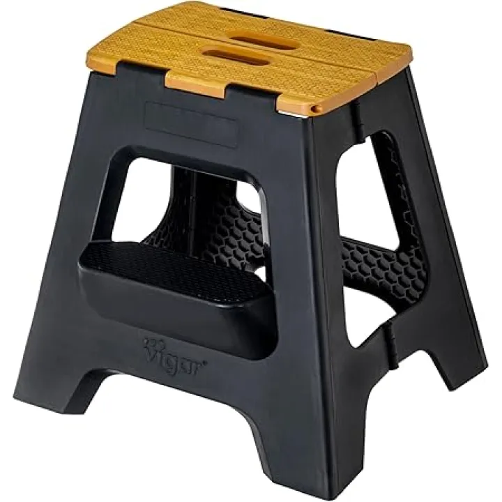 Vigar Compact Step Stool Foldable, 16-inch Two-Step Stools for Adults up to 330 Pound, Lightweight Stool, Non-Slip Folding Step Stool, Black, Bamboo on Top