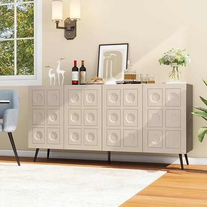 Fluted Sideboard Buffet Cabinet with Storage: 63" Black and Oak Accent Cabinet with 4 Doors, Mid Century Modern Console, Living Room Storage Cabinets (Black & Oak)