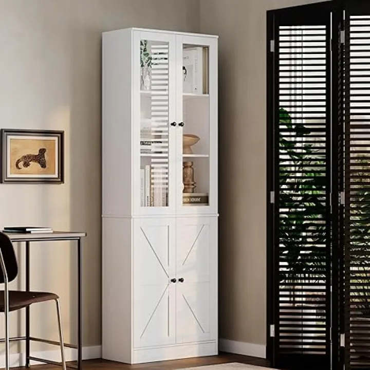 White Bookcase Bookshelf with Doors, 71" Tall Bookcase Wooden Book Shelf with Storage, 5 Tier Book Cabinet Display Shelves Home Decor Furniture for Office, Living Room, Bedroom, Kitchen, Dining Room