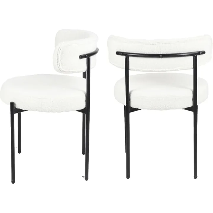 Modern Boucle Dining Chairs Set of 2, Minimalist Round Design with Cozy Upholstery, High-Density Foam Filled, Black Iron Legs, Comfortable Support, Floor Protectors Included, for Dining Room (White)