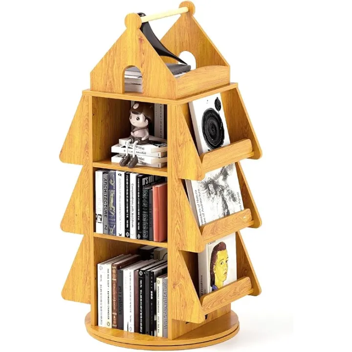 4 Tier Rotating Tree Bookshelf, 360° Revolving Bookcase Floor-Standing Bookshelf Wooden Display Storage Rack for Bedroom Living Room Study Office