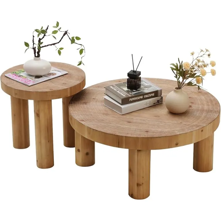 RUSTOWN 2-Piece Round Farmhouse Coffee Table, Rustic Coffee Table Sets, Circle Wooden Ring Finish with Solid Wood Legs, Center Tables Set for Living Room (Natural)