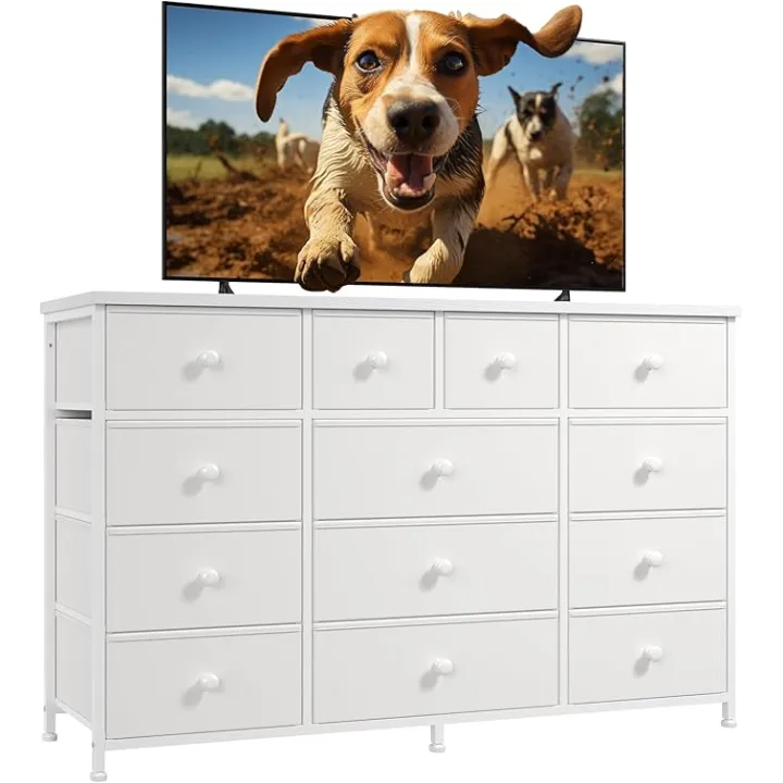 White Dresser for Bedroom with 13 Fabric Bedroom Dresser with Wood Top, Metal Frame Long Dressers & Chest of Drawers for Closet, Entryway, Sturdy Metal Frame