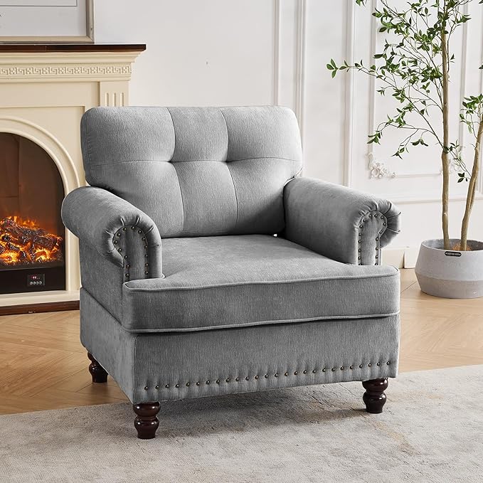 Tufted Single Sofa Accent Chair, Rolled Arms Mid Century Modern Chair, Oversized Living Room Chairs with Rivets, and Solid Wood Legs, Lounge Armchair for Bedroom, Living Room, Guest Room, Grey