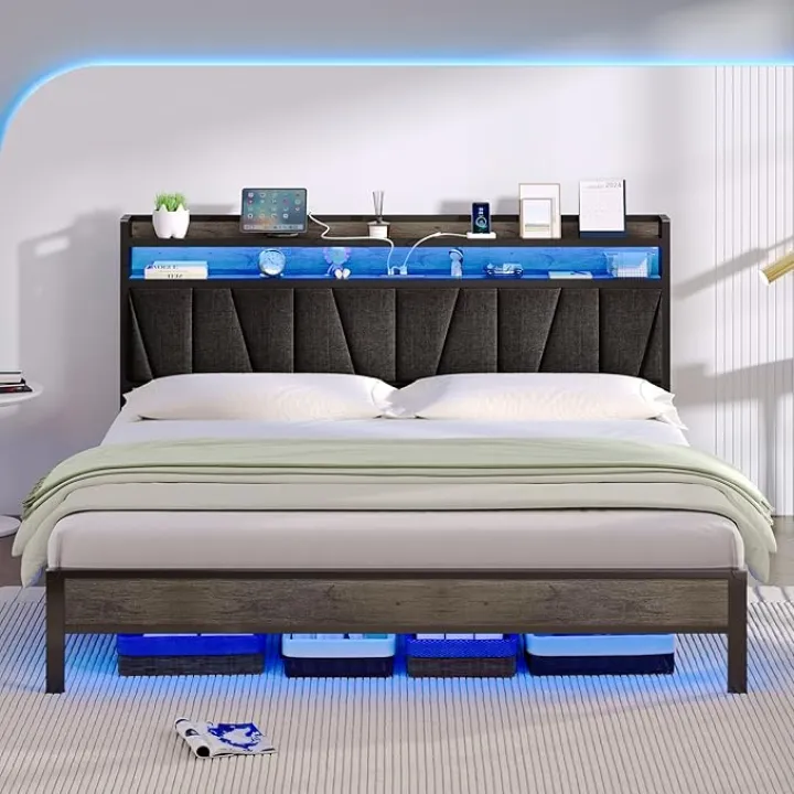 Albott Queen Size LED Bed Frame with Linen Upholstered Headboard, Platform Bed with 2-Tier Storage Headboard & Charging Station, Heavy Duty Metal Slats, No Box Spring Needed, Rustic Grey