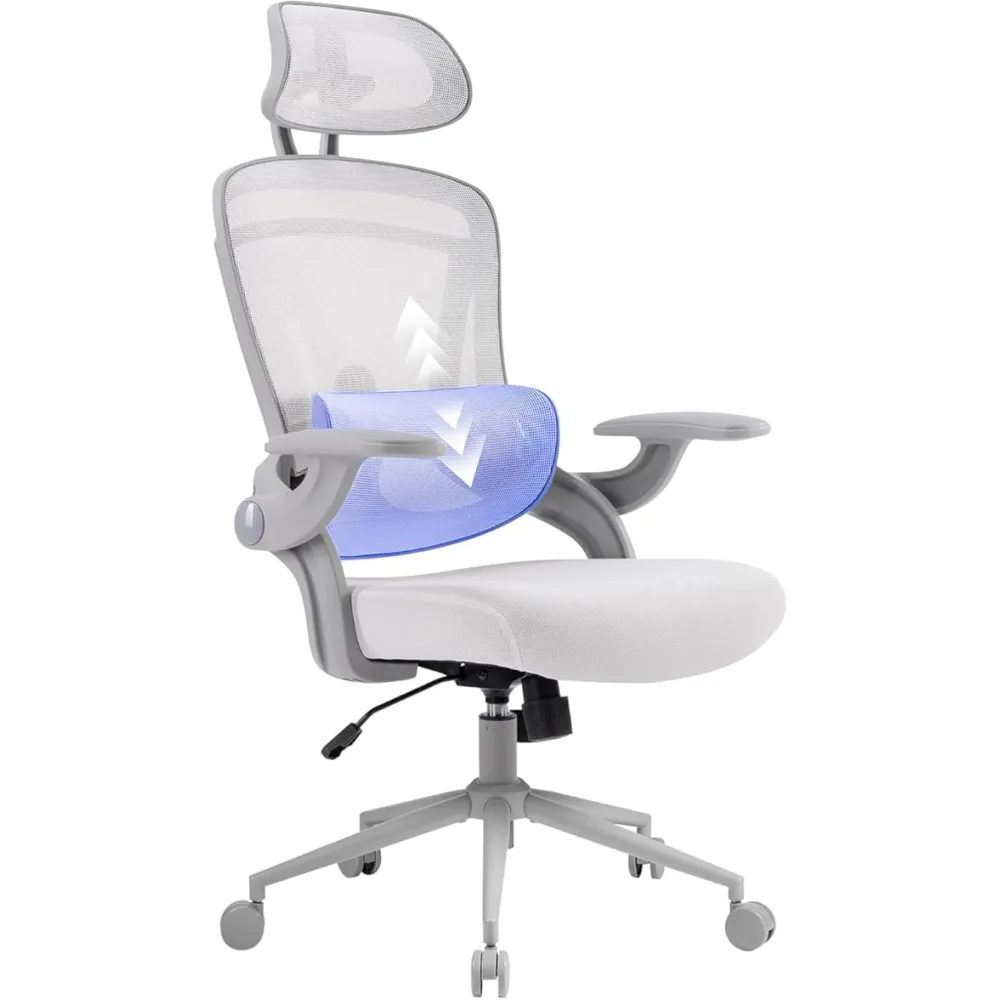 Nouhaus Ergo Fit Ergonomic Mesh Office Chair High Back Adjustable Lumbar Support Headrest and Adjustable Flip-up Armrests, Comfy Desk Chairs Swivel Computer Gaming Chair Tilt Function(N20, White)