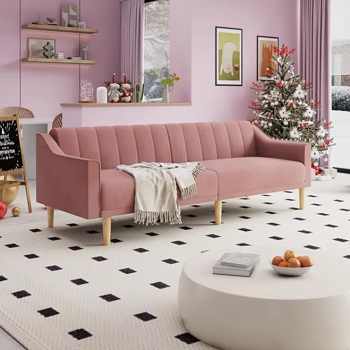 Velvet Futon Sofa Bed Couch, 74" Pink Convertible Sleeper Sofa, Loveseat Futon Couch with Adjustable Backrests, Couches for Living Room Bedroom Apartment