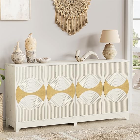 Sideboard Buffet Cabinet with Storage, 70'' Large Modern Fluted Sideboards, Boho Accent Credenza Storage Cabinet for Living Room Entryway Hallway, (Antique White)