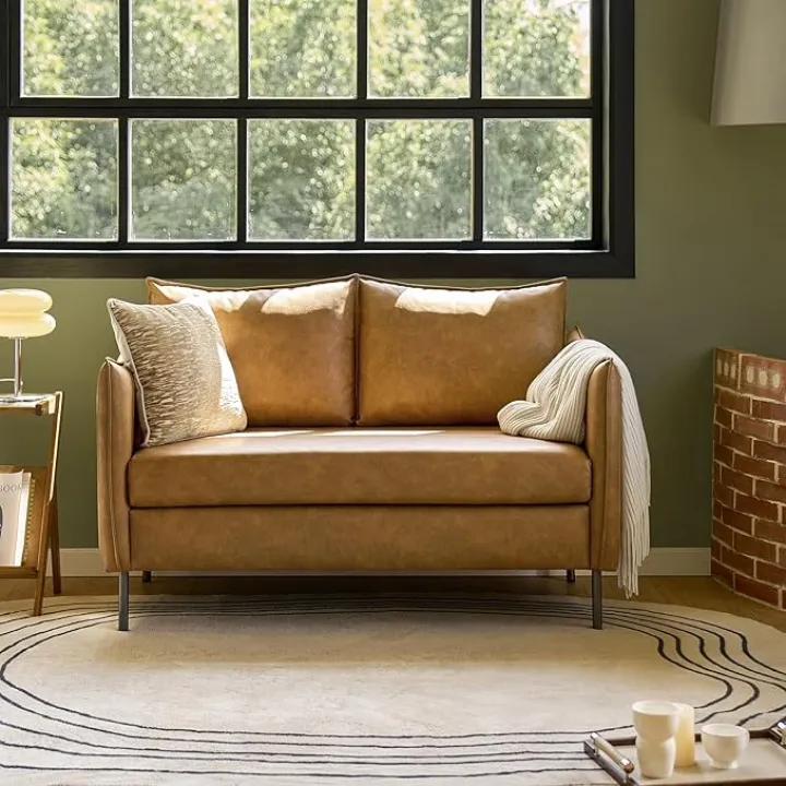 HULALA HOME 53" Faux Leather Loveseat Sofa, 2 Seater Loveseat Couch with Solid Wooden Frame, Modern Small Couches for Small Space with Curved Arms Removable Cushions(Camel)