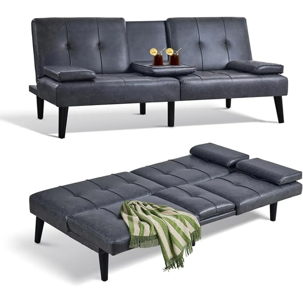 COLAMY Futon Sofa Bed-Leather Small Futon Couch, Futon Lounge Sofa, Futon Convertible with Cup Holder, Removable Armrest, Adjustable Backrest Darkgrey