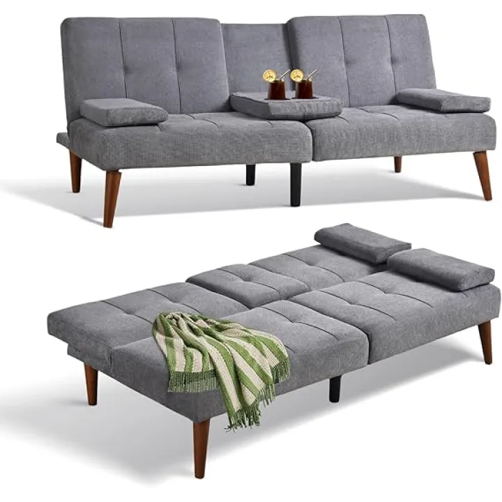 COLAMY Futon Sofa Bed-Fabric Small Futon Couch, Futon Lounge Sofa, Futon Convertible with Cup Holder, Removable Armrest, Adjustable Backrest Lightgrey, CF088