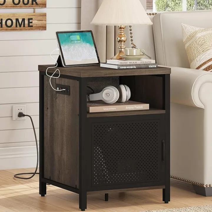 FATORRI End Table with Storage, Rustic Side Table for Living Room, Narrow Wood and Metal Bedside Tables with Door (Walnut Brown)