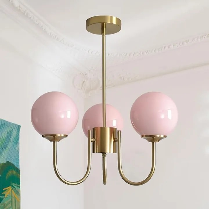 Mid Century Pink Bubble Chandelier, 3 Lights 16in Sputnik Chandeliers for Girls Room, Brass Gold Chandelier Hanging Light Fixture for Bedroom Nursery Room Dining Room Kitchen Island