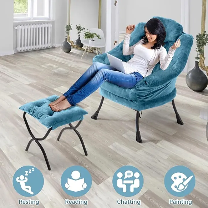 Lazy Chair with Folding Ottoman,Leisure Sofa Chair,Soft Fabric Armchair with Armrests and Side Pockets, Reading Chair with Footrest for Living Room, Bedroom, Office (Plush Blue)