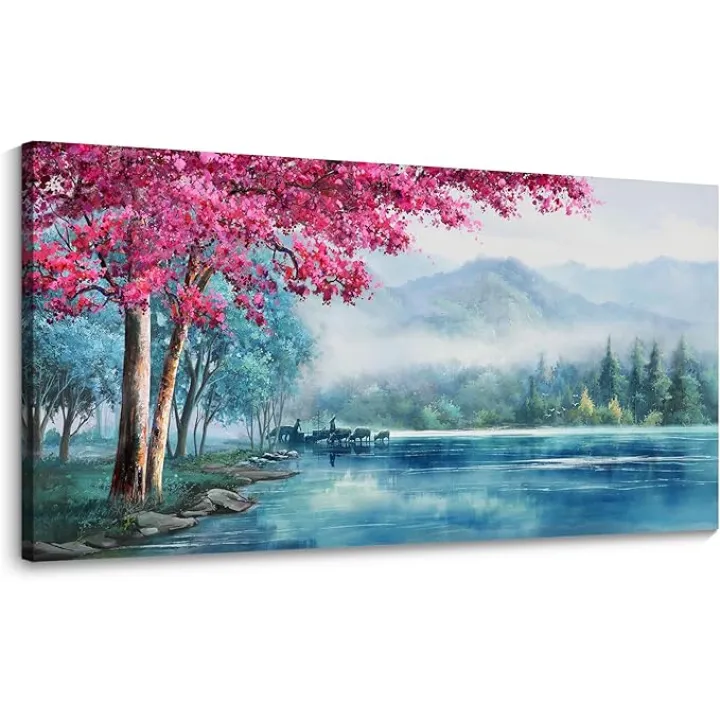 JEAWA Nature Canvas Wall Art Decor - Landscape Canvas for Wall Decor, Mountain Lake and Tree Artwork Decor, Large Wall Art for Dining Room Bedroom, 24x48 IN
