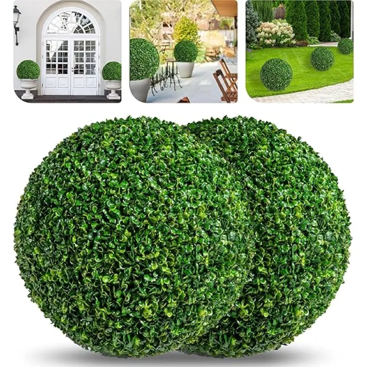 19 Inch 2 PCS 8 Layers Leaves Artificial Plant Topiary Balls, UV Resistant Faux Evergreen Boxwood for Indoor Outdoor Porch Garden Backyard Decor