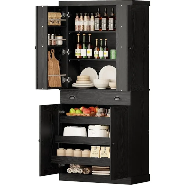 IRONCK Kitchen Pantry Cabinet 72" Height, Freestanding Cupboard with Drawer, Sliding Storage Rack, and 6 Hanging Shelves for Dining Room, Laundry, Living Room, Black