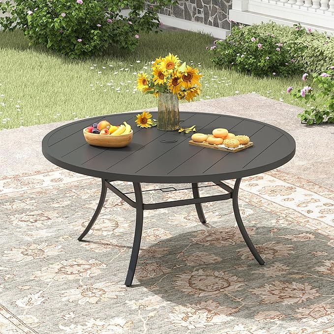 53" Patio Dining Table for 8, Round Outdoor Metal Dining Table with Umbrella Hole for Lawn Garden Backyard, Black