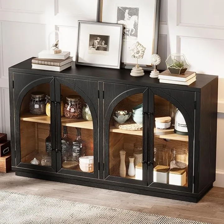 Amposei Retro Accent Sideboard 60-Inch Glass Doors Console Storage Cabinet Credenza Buffet Cabinet with Adjustable Shelves for Living Dining Room Kitchen, Black