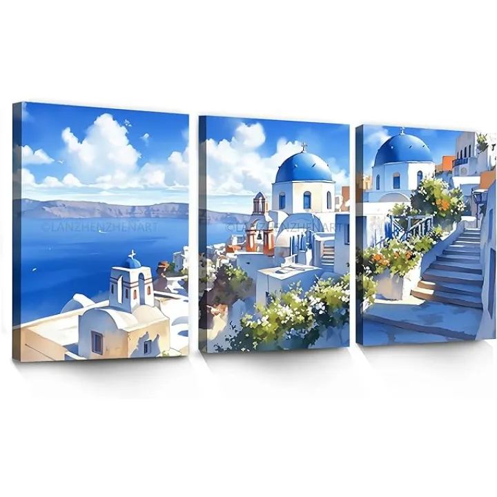 LANZHENZHENART 3Pcs Watercolor Santorini Greece Wall Art Santorini Travel Canvas Painting Prints For Home Dining Room Living Room Wall Decor Poster Artwork(12" x 18" x 3 Panels Framed)