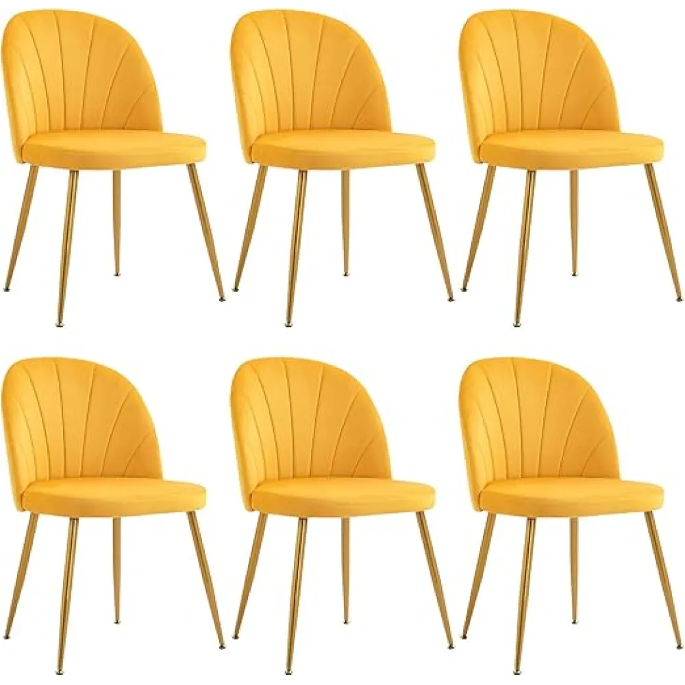 Velvet Dining Chairs Set of 6, Upholstered Mid Century Modern Dining Chairs, Armless Accent Chair with Metal Gold Legs for Living Room, Kitchen, Dining Room, Yellow