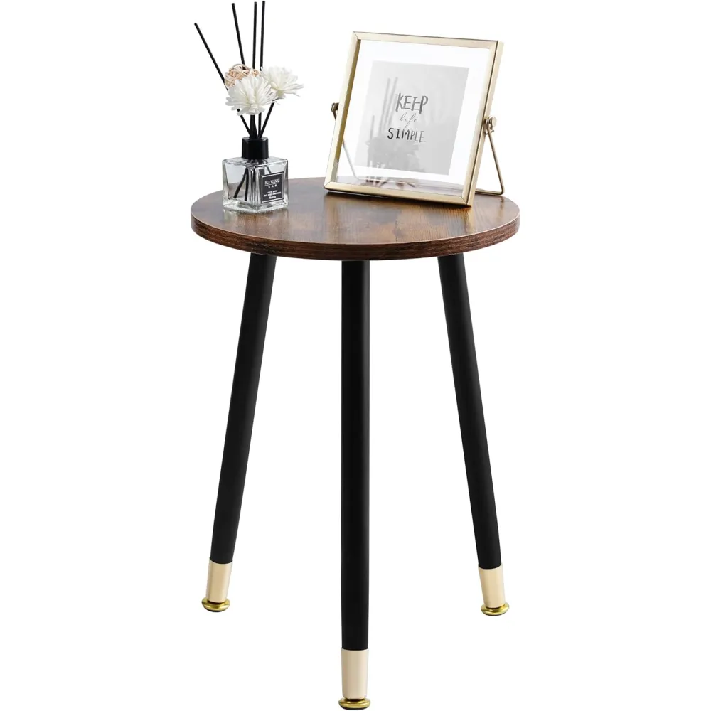 16 Inch Round Wood Walut End Table, Small Stable Side Table for Nightstand Living Room Bedroom Sofa Couch Corner, Heavy Duty Indoor Accent Wooden Plant Stool Stand with 3 Metal Legs and Gold Foot Mat
