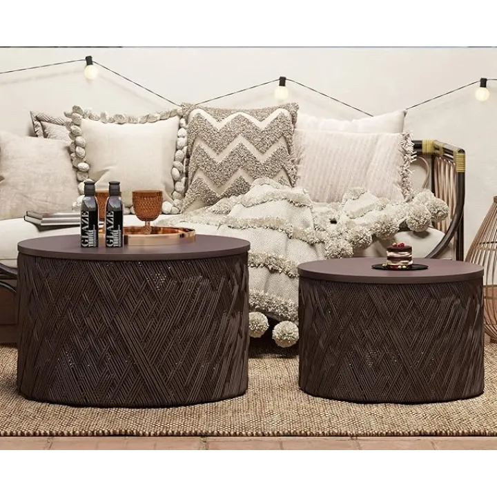 chairus Nesting Coffee Table Set of 2 Woven Round Coffee Table with Storage Solid Wood Side Table for Small Spaces, Living Room, Bedroom, Office, Dark Brown