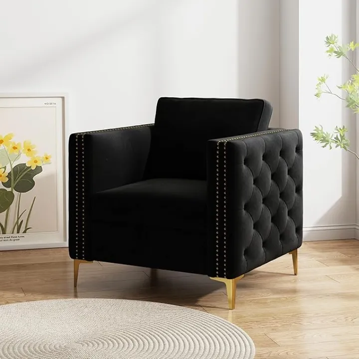 Harper & Bright Designs Modern Velvet Armchair, Tufted Button Accent Chair Club Chair with Gold Metal Legs for Living Room Bedroom, Black+Gold