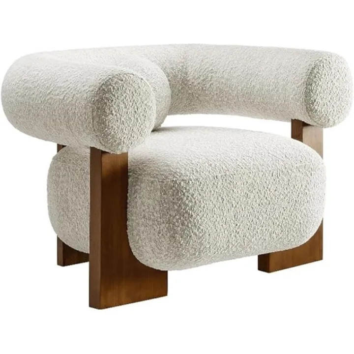 Modway Jace Boucle Fabric Accent Chair in Pearl - Upholstered Barrel Chair with Pillow - Comfy Lounge Armchair with Curved Back and Wood Legs - Soft Teddy Club Chair for Living Room or Bedroom