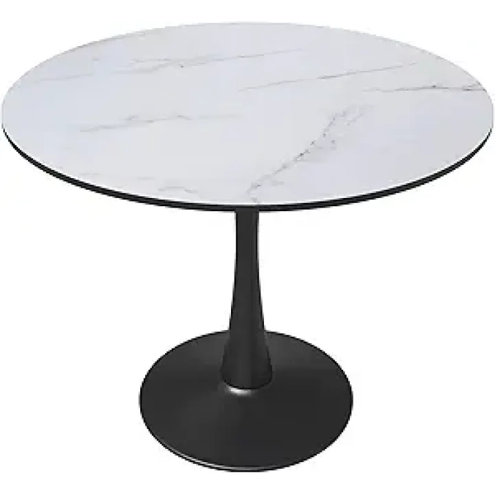 LeisureMod Bristol 31" Round Dining Table, Modern MDF Top & Black Iron Pedestal Base Gloss Finish Accent Table Mid-Century Café Table, Kitchen Dining Room Furniture