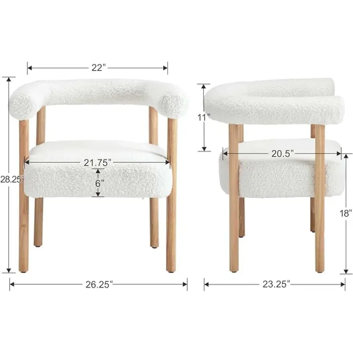 Mid-Century Modern Dining Chairs Set of 2 Armrest Barrel Dining Chairs Side Chairs with Curved Back, Upholstered Wood Armchairs for Kitchen, Sherpa White