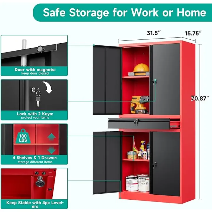 SISESOL Metal Storage Cabinet with Wheels and Drawer,Rolling Garage Storage Cabinet with Lock,Black Red Metal Cabinets with Wheel,73" Mobile Tall Tool Cabinets on Wheel for Home,Office,Garage,Shop