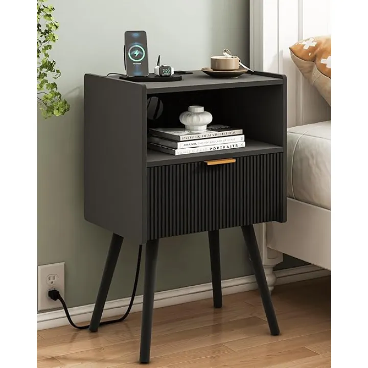 Black Nightstand with Outlet,Modern Bedside Table with Storage Drawer and Open Wood Shelf, for Living Room, Bedroom and Small Spaces, Accent Night Stand with Solid Wood Legs, Easy Assembly
